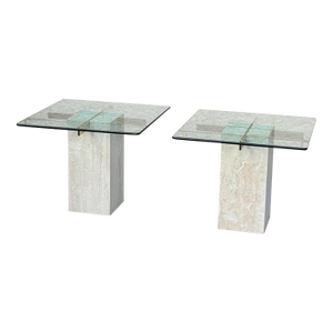 1980s Post Modern Glass Top Side Tables With Travertine Bases - A Pair