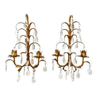 Pair of Vintage Italian Gold Gilt Tole Wall Sconces With Crystal Prisms – Hollywood Regency / Florentine For Sale