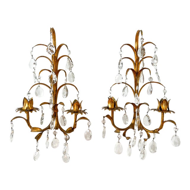 Pair of Vintage Italian Gold Gilt Tole Wall Sconces With Crystal Prisms – Hollywood Regency / Florentine For Sale