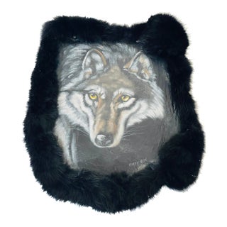 1950s Dark Textile Art Animalistic Painting Signed Wolf Fur For Sale