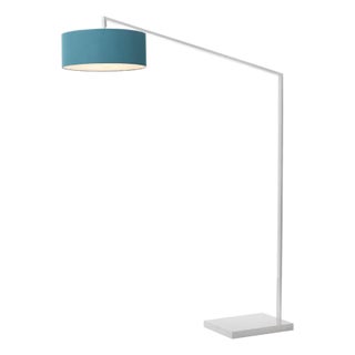 Stretch 87"h 1-Light Arc Lamp, Turquoise Linen Shade, White Body, Dimmable, for Living Room or Bedroom For Sale
