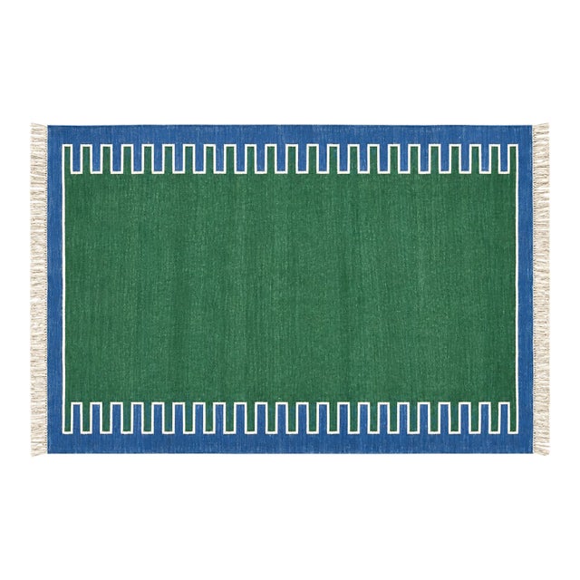 Handmade Cotton Vegetable Dyed Rug, Forest Green, White and Blue Zig Zag Striped Dhurrie-5'x8' For Sale