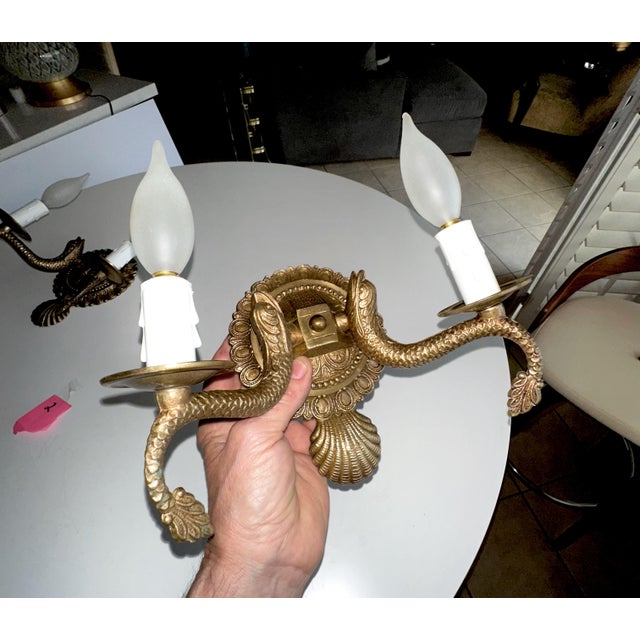 Shell Pair Neoclassic Dolphin Shell Brass Wall Sconces For Sale - Image 7 of 14