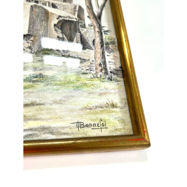 Gold Vintage French Provincial Roman History Original Drawing of La Tour Magne in Nimes Southern France Signed by Artist Bonnefoi, Framed. For Sale - Image 8 of 12