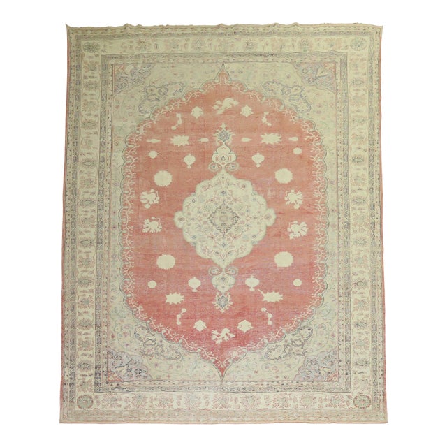 1930s Zabihi Collection Soft Red Ivory Turkish Oushak Oversize Rug - 10'5" x 15'2" For Sale