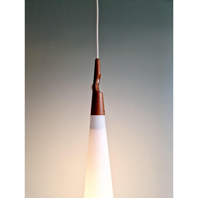 Luxus Scandinavian Suspension in White Opaline Glass & Teak by Uno & Östen Kristiansson for Luxus, 1960s For Sale - Image 4 of 14