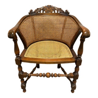 Mid 20th Century Vintage Mid Century French Cane Back Carved Wood Club Chair For Sale
