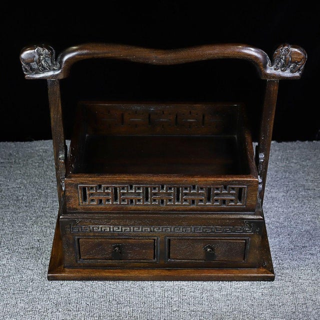 Chinese Vintage Chinese Huali Rosewood Carved "Elephant" Handled Picnic Box / Tea Caddy For Sale - Image 3 of 9