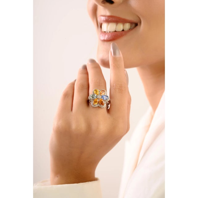 Bochic Solid Silver Oval Multi Sapphire & Diamond Cluster Cocktail Ring - Size 7.5 For Sale - Image 6 of 10