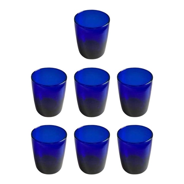 Art Deco Style Cobalt Blue Glasses, Set of 7 Hand Blown Lowball Glassware Set For Sale