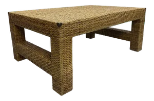 Natural Fiber Woven Rattan Coffee Table With Vintage Brass Corners