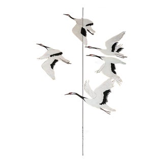 Gold Leaf Hand‑Painted Flying Crane Chinoiserie Wall Panels For Sale