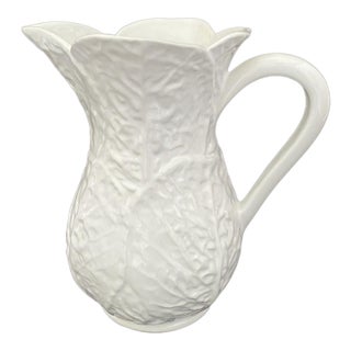 1980's Water Pitcher: White Majolica Cabbage Leaf Design Made in Portugal for Neuwirth, 8.5" HIgh For Sale
