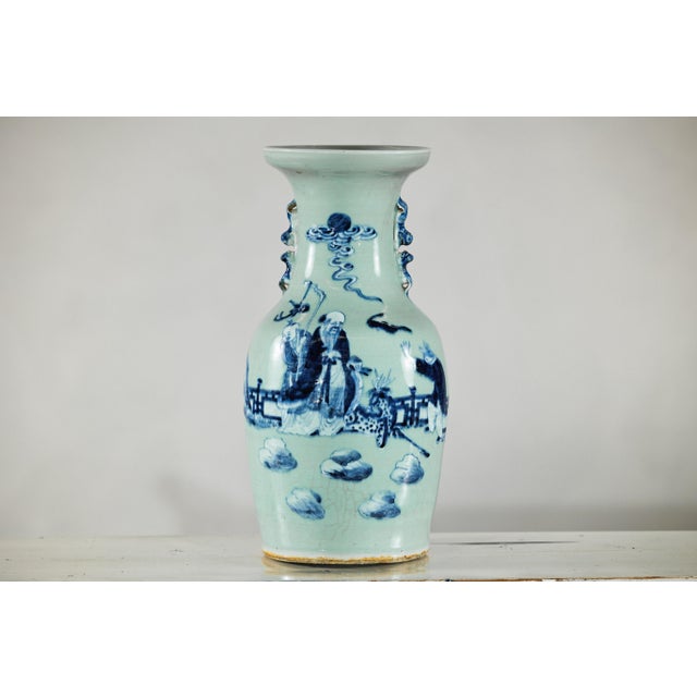 Chinese Blue and White Porcelain Altar Vase With Immortal Figures and Celadon Tint For Sale - Image 12 of 18