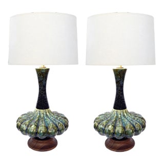 1950s Mid-Century Green Mottled-Glazed Globular Lamps - a Pair For Sale