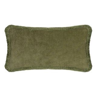 Green Velvet with Green Fringes Rectangle Happy Pillow from Lo Decor For Sale