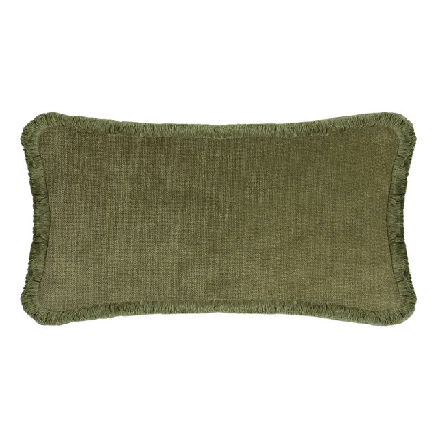 Green Velvet with Green Fringes Rectangle Happy Pillow from Lo Decor For Sale