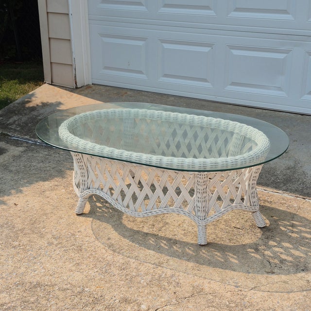 Late 20th Century Vintage White Wicker Oval Coffee Table W/ Glass Top For Sale In Washington DC - Image 6 of 6