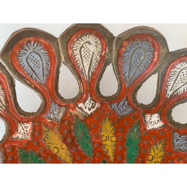 Hand-Painted Brass Plate with Peacock, 1970s For Sale - Image 3 of 11