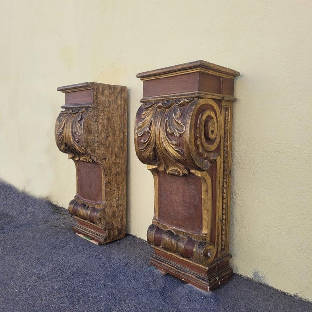 17th Century Italian Baroque Carved, Painted and Gilded Wood Wall Brackets, Set of 2 For Sale - Image 15 of 18