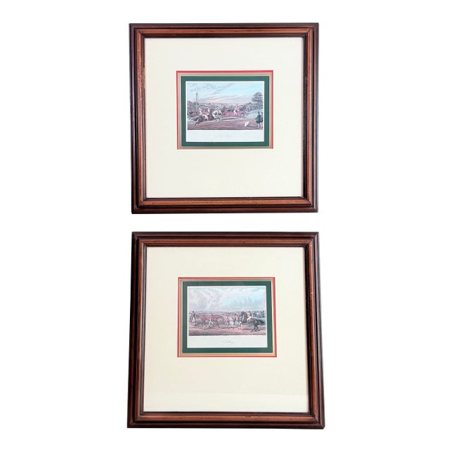 Pair of Vintage English Equestrian Prints After Henry Alken — “Saddling” & “The Start” — Engraved by J. Harris, Mahogany Frames For Sale