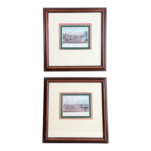 Pair of Vintage English Equestrian Prints After Henry Alken — “Saddling” & “The Start” — Engraved by J. Harris, Mahogany Frames