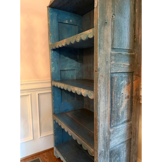 Blue Antique Primitive Blue Painted Open Cupboard With Scalloped Shelves – 80”h For Sale - Image 8 of 8