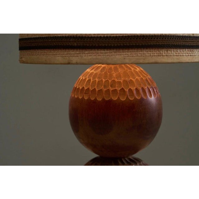 Table Lamp in Carved Wood with Shade in Woven Jute, 1960s For Sale - Image 3 of 15