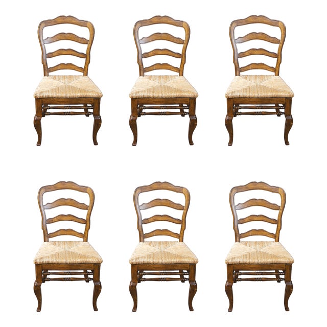 Ballard Design 'Avignon' French Country Dining Chairs Set of 6 - Birch Wood and Rush Seats - Early 21st Century For Sale