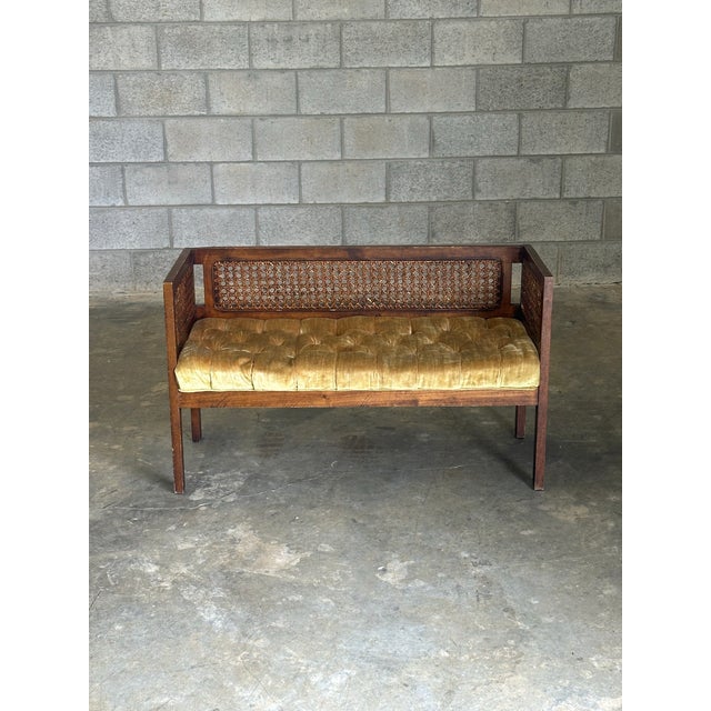 Dunbar Furniture 1970s Walnut and Cane Window Bench For Sale - Image 4 of 10