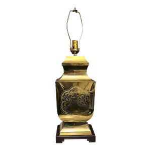 Hollywood Regency Brass Lamp on Wood Base, Etched Floral Motif