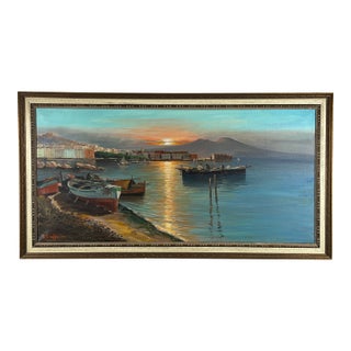 Painting Oil on Canvas “Naples Harbor” Signed Lower Left C. Ciappa 28 X 52 For Sale