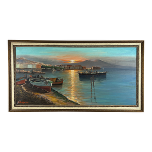 Painting Oil on Canvas “Naples Harbor” Signed Lower Left C. Ciappa 28 X 52