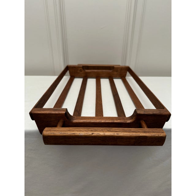 Mid Century Modern Open Slat Solid Oak Wood Double Handled Tray For Sale - Image 10 of 12