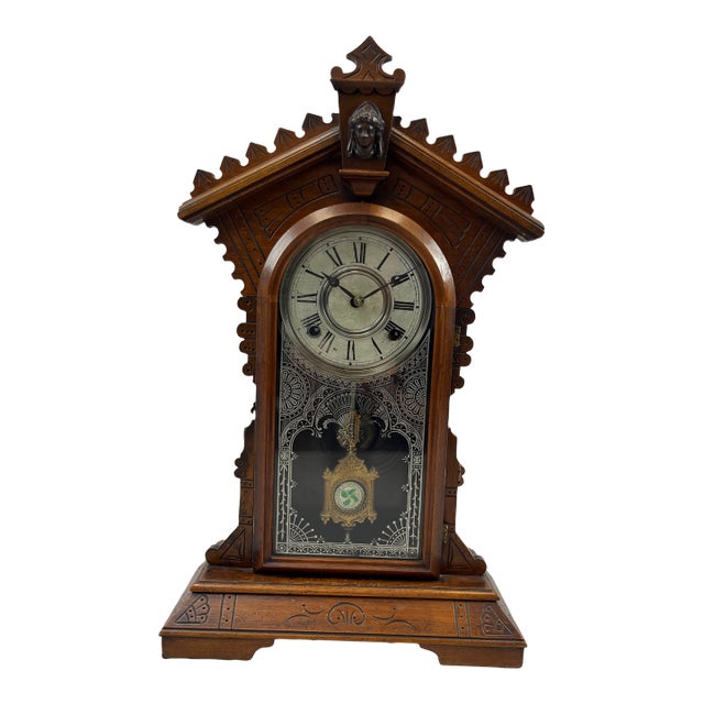 Victorian Antique Walnut Mantel/Kitchen/Parlor/Gingerbread Clock by E. N. Welch & Spring Company - Model "Dolero" For Sale