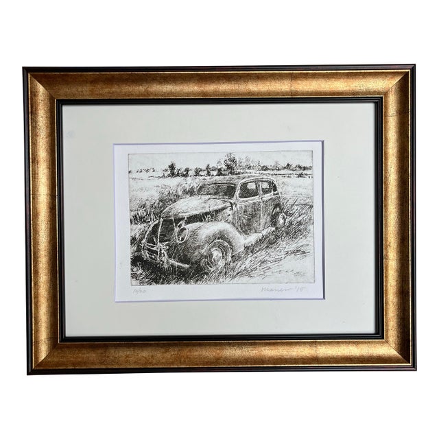 Vintage Etching of an Old Car in a Landscape. For Sale