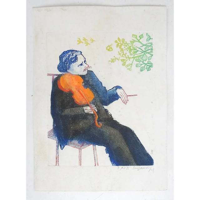 Contemporary Vintage Late 20th Century Color Etching of Violinist For Sale - Image 3 of 3