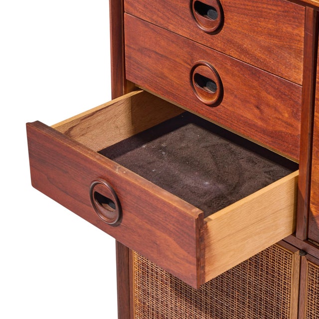 Brown Jack Cartwright for Founders Mid Century Walnut and Cane Bar Cabinet For Sale - Image 8 of 10