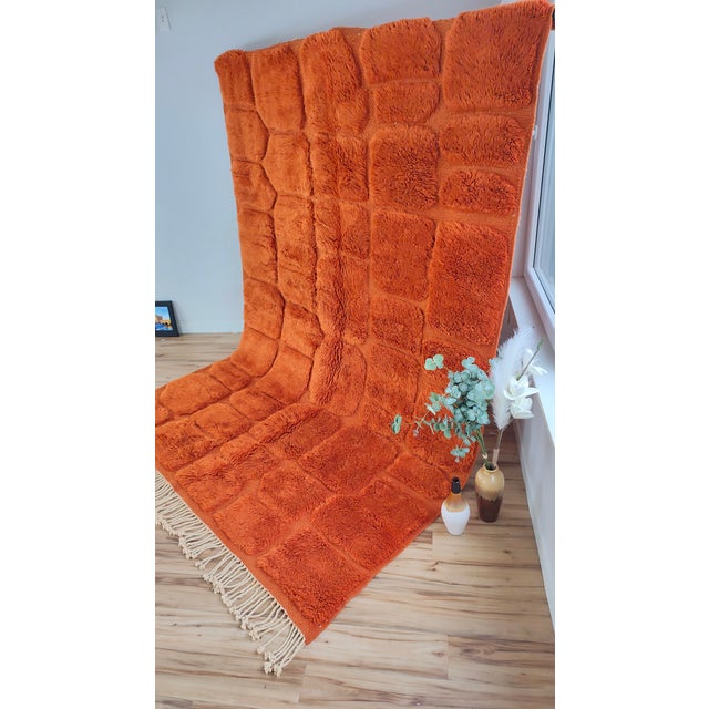 Terracotta Orange Carved Wool Moroccan Beni Mrirt Rug For Sale - Image 12 of 15