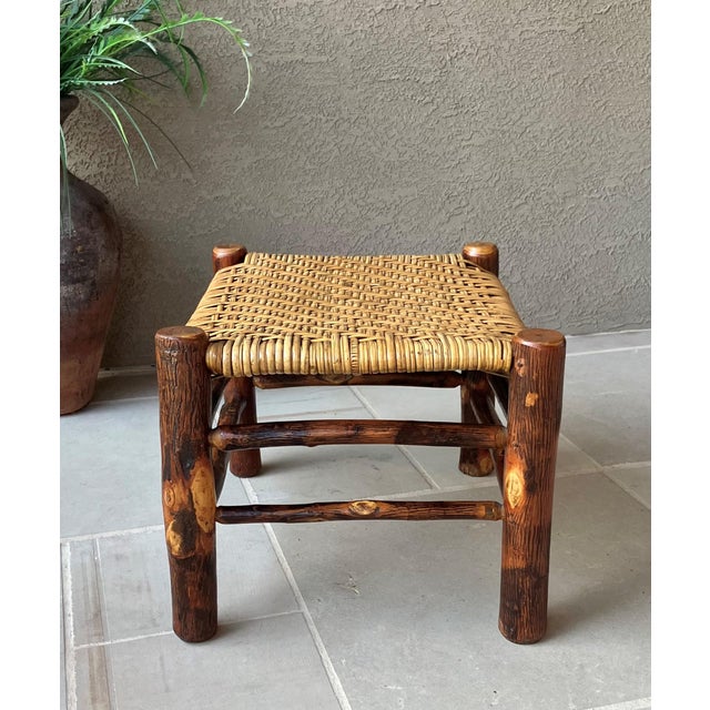Rustic Chic Mid 20th-Century Hickory Wood & Handwoven Double Twill Plaited Cane Bench For Sale - Image 17 of 18