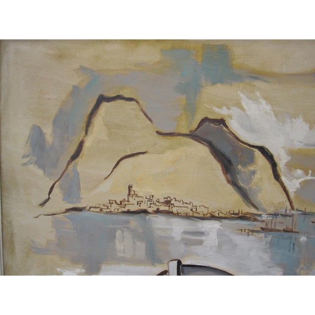 Harrison Mid-Century Abstract Harbor / Fishing Boats — Signed Oil on Canvas, Framed (51" X 39") For Sale - Image 4 of 9