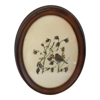 Vintage Needlework Bird Art in Oval Frame For Sale