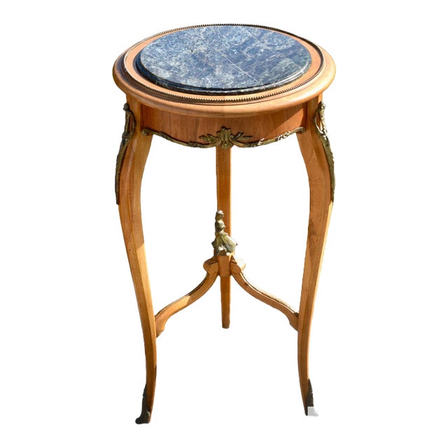 Marble Top Round Side Table Vintage French Style Green Ormolu Fruitwood Stand For Sale