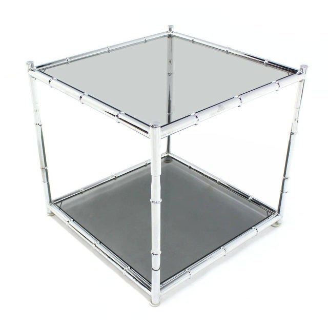 Transparent Pair of Cube Shape Chrome Faux Bamboo Frame End Tables Smoked Glass Top MINT! For Sale - Image 8 of 9