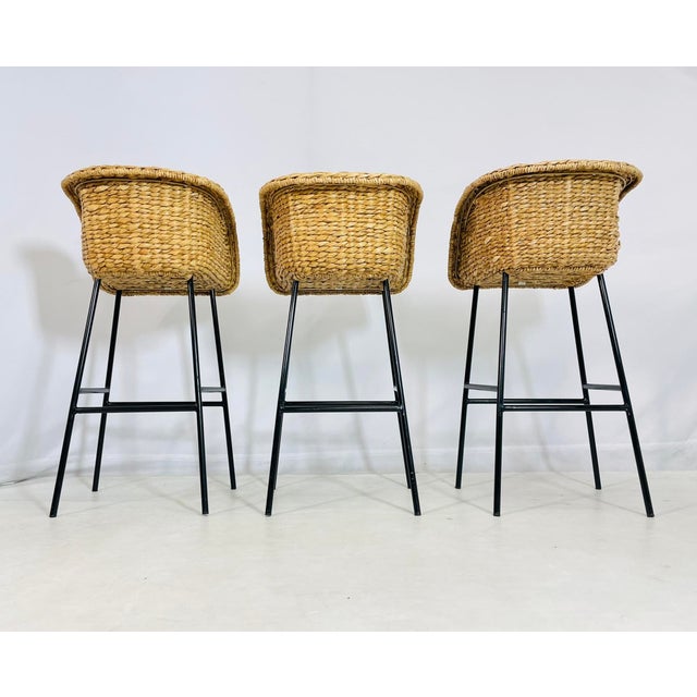 2000 - 2009 Set of Three Woven Water Hyacinth and Black Metal Frame Barstools For Sale - Image 5 of 12