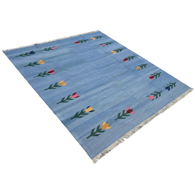 Mid-Century Modern Handmade Cotton Vegetable Dyed Flat Weave Area Rug, Sky Blue Leaf Dhurrie - 8'x10' For Sale - Image 3 of 13