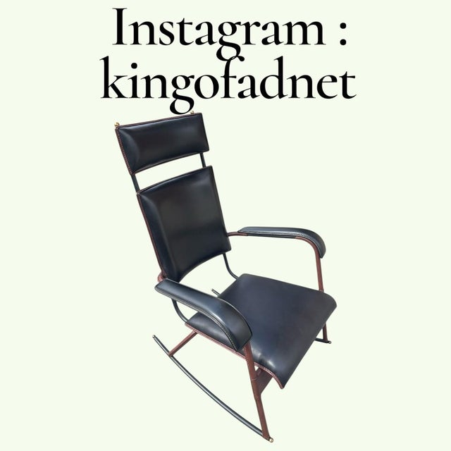 A Rare French Midcentury Modern hand stitched leather Rocking chair by Jacques Adnet, circa 1955. Adnet had a rare talent...