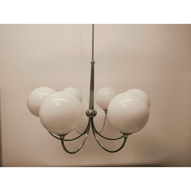 Mid-Century Modern 6-Light Chrome Chandelier with Glossy White Sphere Glasses, 1980s For Sale - Image 3 of 18