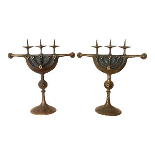 Zoltán Pap Vintage Hand Crafted Hungarian Mid-Century Marked Brutalist Sculpture Candle Holder Pair For Sale