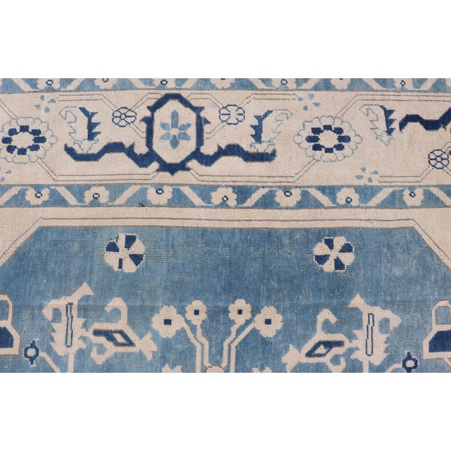 Tribal Vintage Turkish Oushak Rug With Dark and Light Blue in Medallion Design For Sale - Image 3 of 12